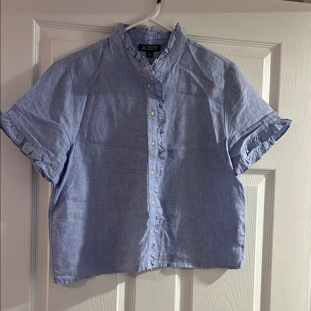 J. Crew Women's Light Blue Ruffle Linen Button-Up Shirt